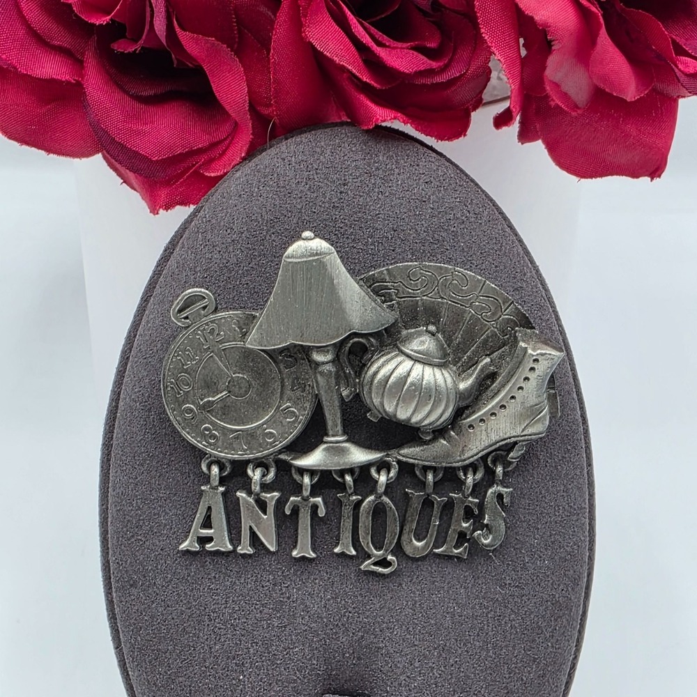 AJC Antiquarian Themed Pin Brooch Lamp Teapot Clock Boot Fan Word Novelty